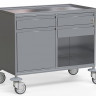 Стол медицинский для анестезиолога, из нержавеющей стали, с 3-мя выдвижными ящиками, распашной дверкой и нишей, один ящик с замком, на колесах, БТ-СТНА-105